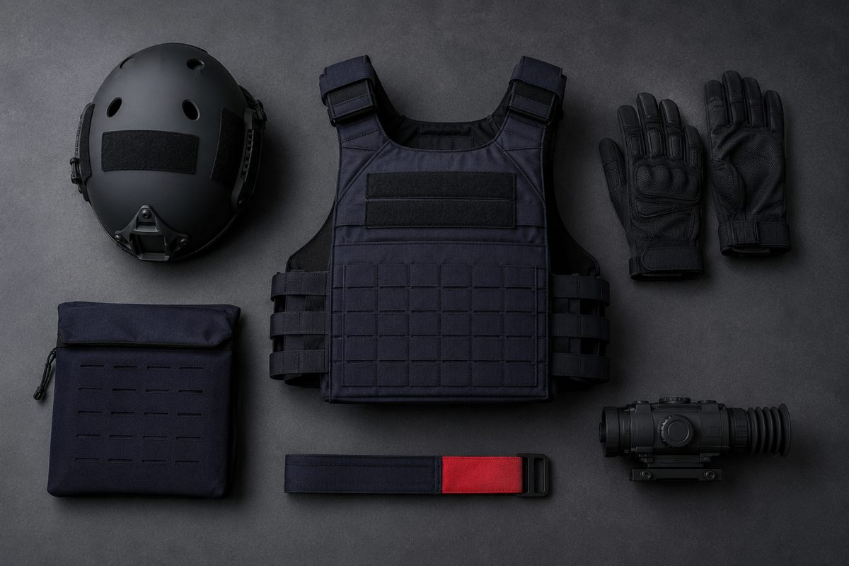 Équipements de protection balistique et tactiques disposés à plat : casque, gilet porte-plaques, gants de protection et optique